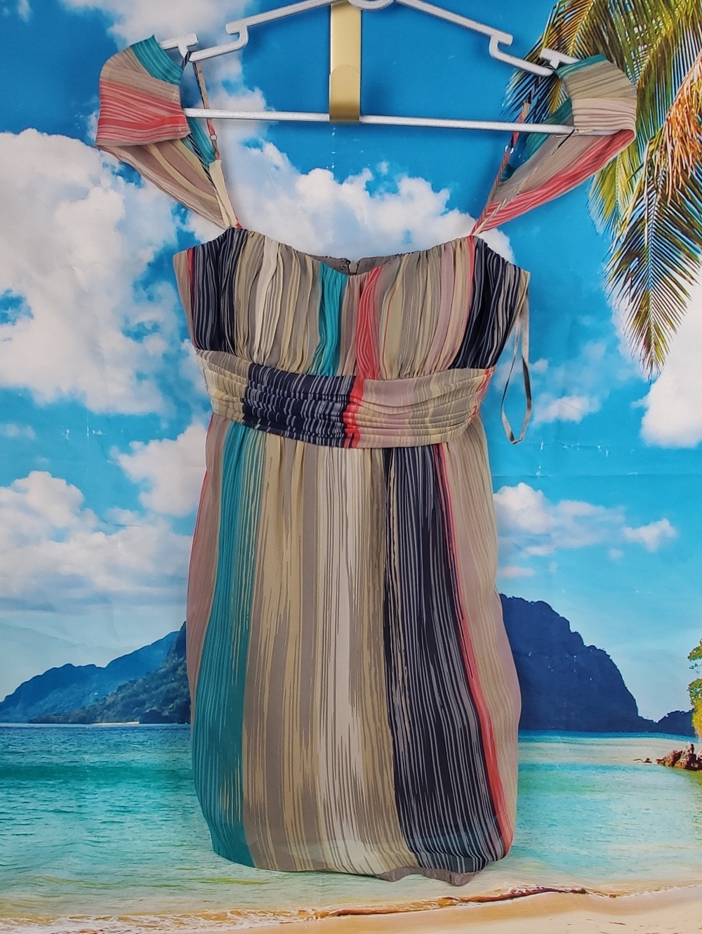 BCBGeneration Striped Pleated Mini Dress - Teal, Coral, Black, Cream